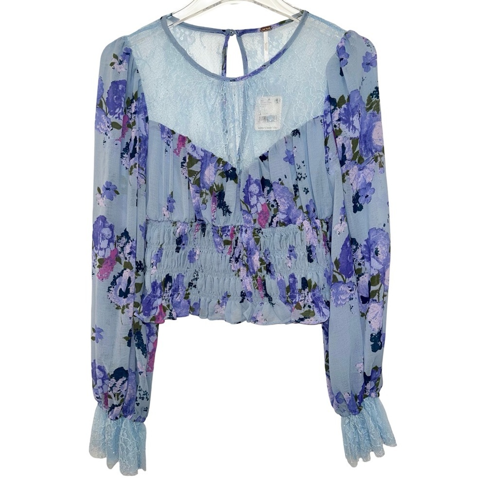 Free People Daphne Floral Lace Blouse Blue Combo NWT Small - Picture 6 of 13